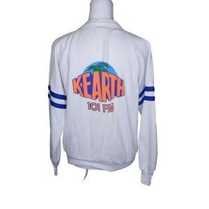 Vintage 80s K Earth 101 FM Long Sleeve VNeck Varsity Sweatshirt Mens S White